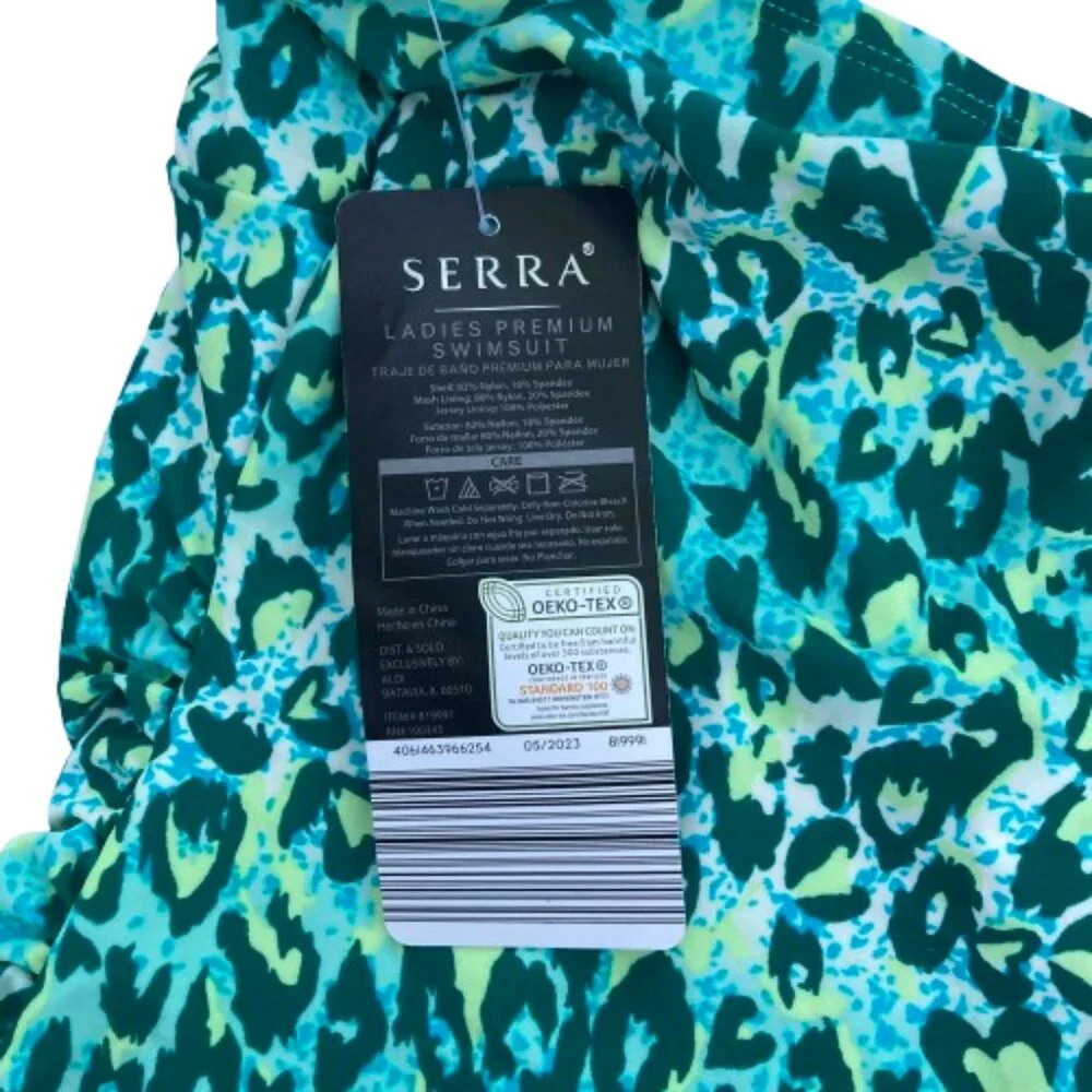 Serra NWT Swimsuit One Piece Halter Blue-Green Cheetah Premium Molded Cups Large